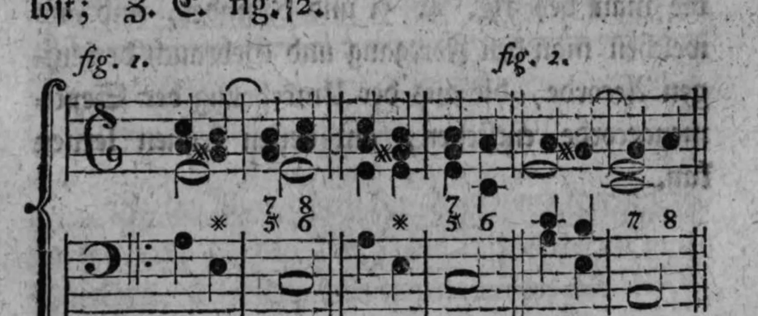 Notenbeyspiel: zweiteiliges Notenbeyspiel im Violin- und Baßschlüssel mit Ziffern (5/7, 6/8, , 5/7, 6, 7, 8), Auflösung der großen Septime in Begleitung der übermäßigen Quinte bzw. der kleinen Terz und reinen Quinte illustrierend