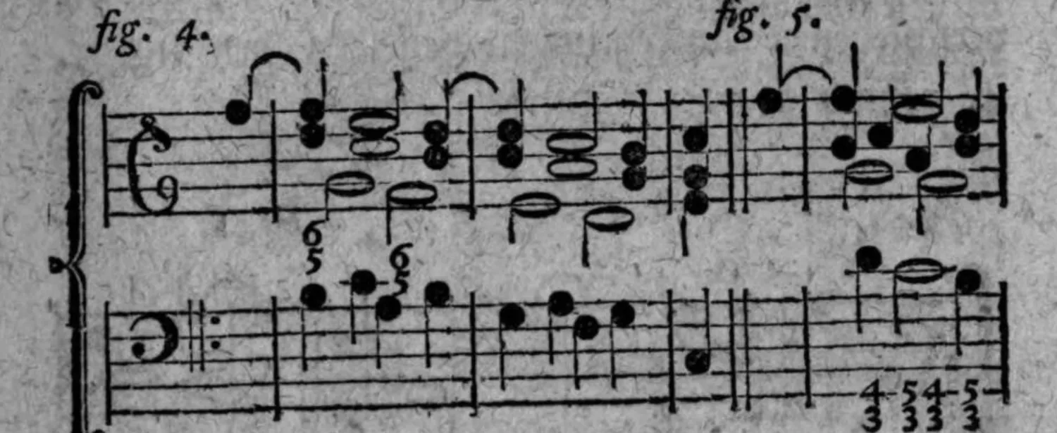 Notenbeyspiel: zweiteiliges Notenbeyspiel im Violin- und Baßschlüssel mit Ziffern (5/6, 6, 3/4, 3/5, 3/4, 3/5), Umkehrungen der Septimenaccordfolge illustrierend