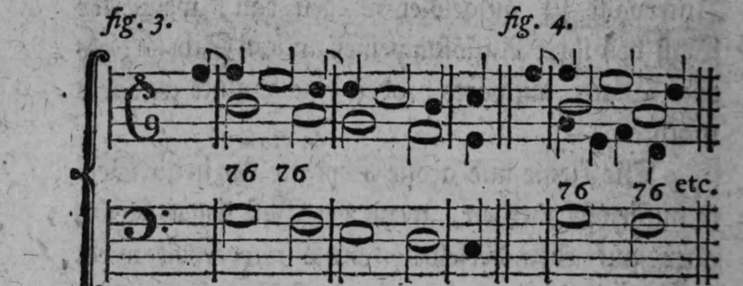 Notenbeyspiel: zweiteiliges Notenbeyspiel im Violin- und Baßschlüssel mit Ziffern (6/7, 6/7, 6/7, 6/7), dreystimmige bzw. vierstimmige abwechselnde Septimen- und Sextenprogreßion illustrierend