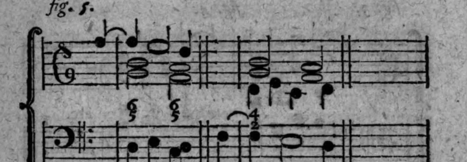 Notenbeyspiel: Notenbeyspiel im Violin- und Baßschlüssel mit Ziffern (5/6, 5/6, 2/4), brauchbarste Umkehrungen der Septimen- und Sextenprogreßion illustrierend