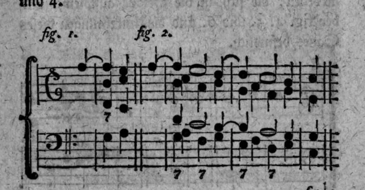 Notenbeyspiel: zweiteiliges Notenbeyspiel im Violin- und Baßschlüssel mit Ziffer 7 (fig. 1 einfach, fig. 2 viermal), Auflösung der Septime in die Quinte bey steigendem Baß illustrierend