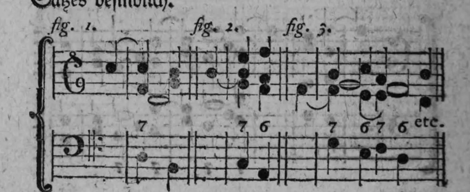 Notenbeyspiel: dreiteiliges Notenbeyspiel im Violin- und Baßschlüssel mit Ziffern (7, 6/7, 7, 6/7, 6), Auflösung der Septime in die Octave bey fallendem Baß bzw. Folge von Septimenaccorden illustrierend