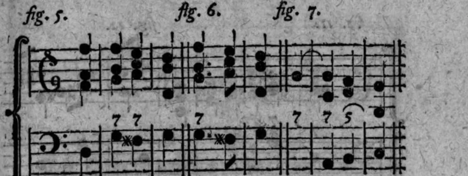 Notenbeyspiel: dreiteiliges Notenbeyspiel im Violin- und Baßschlüssel mit Ziffern (7, 7, 7, 7, 5/7), Auflösung der Septime in eine andere Septime bzw. in die verminderte Quinte illustrierend