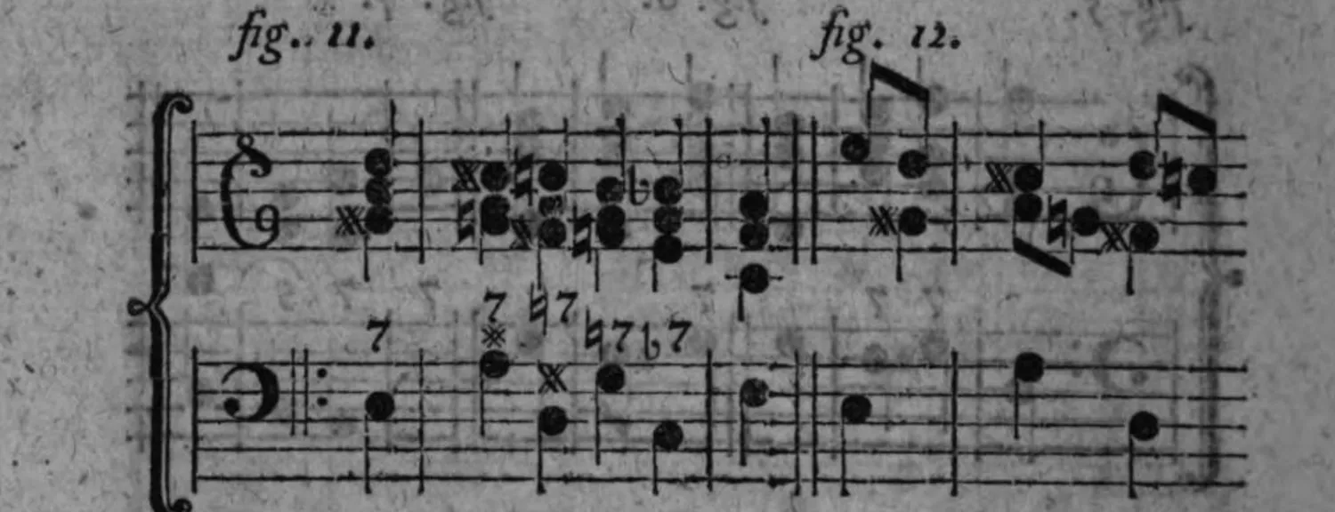 Notenbeyspiel: zweiteiliges Notenbeyspiel im Violin- und Baßschlüssel mit chromatisch alterierten Ziffern (7, /7♮/7♭/7♭), chromatischer Satz mit vorausgenommener durchgehender Septime illustrierend