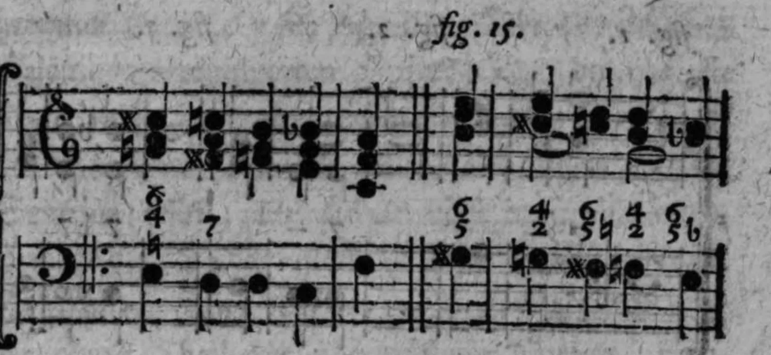 Notenbeyspiel: Notenbeyspiel im Violin- und Baßschlüssel mit chromatisch alterierten Ziffern (4♮/6, 7, 5/6, 2/4♯, 5♮/4/6, 6♭/5), weitere Umkehrung des chromatischen Satzes illustrierend
