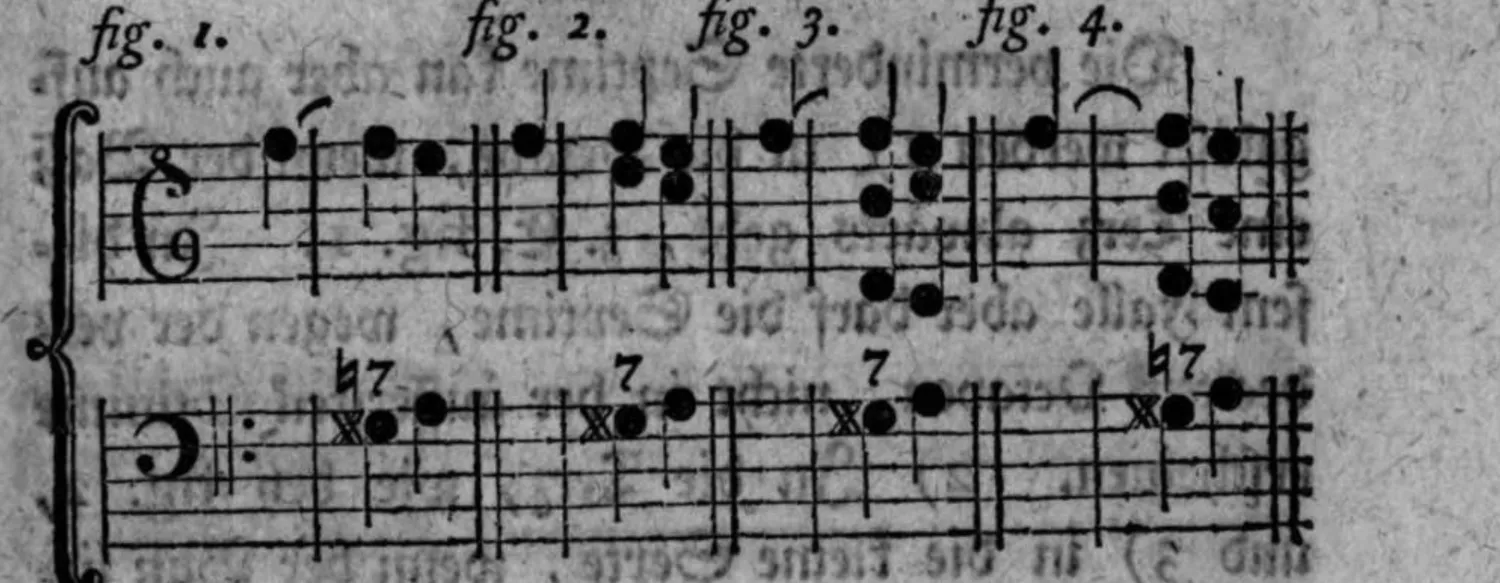 Notenbeyspiel: vierteiliges Notenbeyspiel im Violin- und Baßschlüssel mit Ziffern (♮7, 7, 7, ♮7), Auflösung der verminderten Septime in die Quinte samt Nebendissonanzen illustrierend