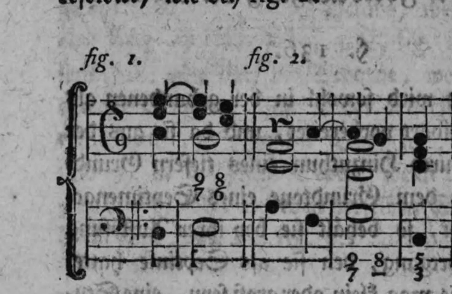 Notenbeyspiel: zweiteiliges Notenbeyspiel im Violin- und Baßschlüssel mit Ziffern (6/7/8/9, 9–8, 7–3), gleichzeitige bzw. nacheinander erfolgende Auflösung von None und Septime illustrierend