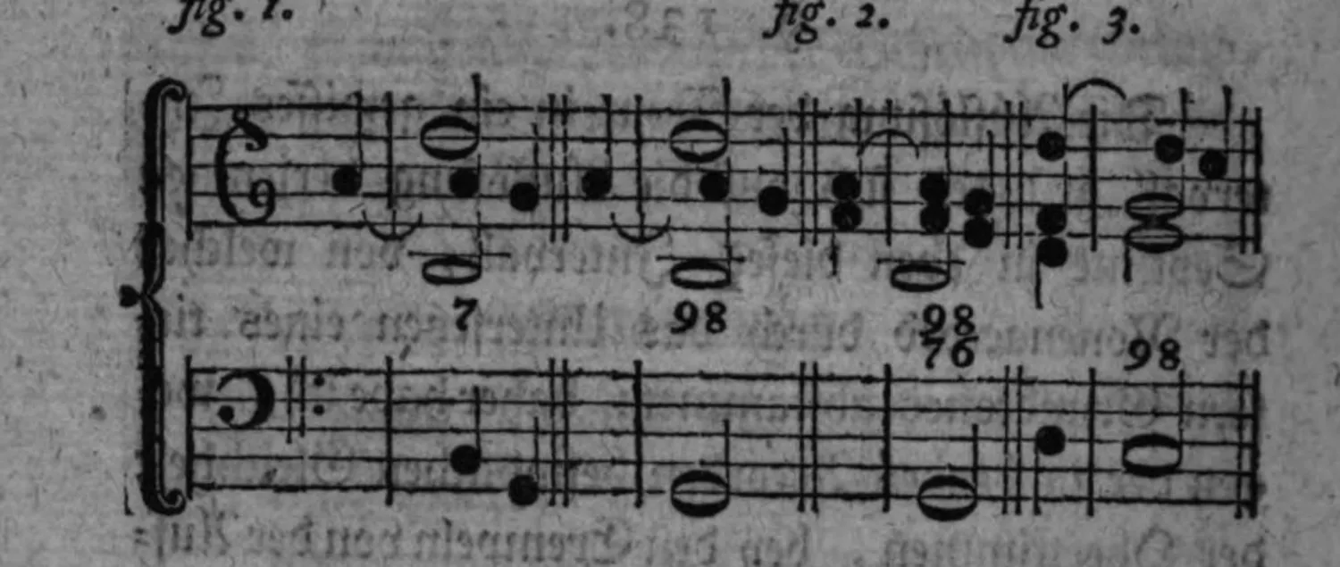 Notenbeyspiel: dreiteiliges Notenbeyspiel im Violin- und Baßschlüssel mit Ziffern (7, 8/9, 6/7/8/9, 8/9), Auflösung der None in die Octave samt zugehörigem Septimenaccord illustrierend