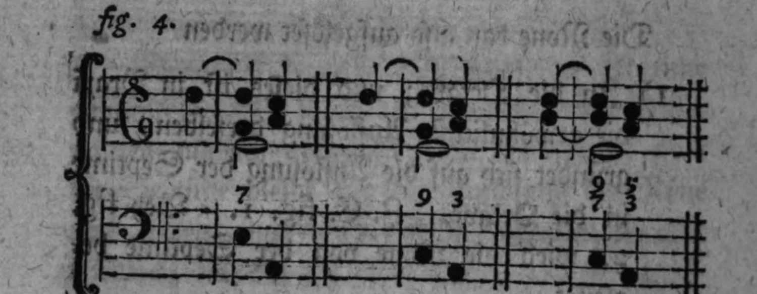 Notenbeyspiel: Notenbeyspiel im Violin- und Baßschlüssel mit Ziffern (7, 9, 3, 3/7/9), Auflösung der None in die Terz samt zugehörigem Septimenaccord illustrierend