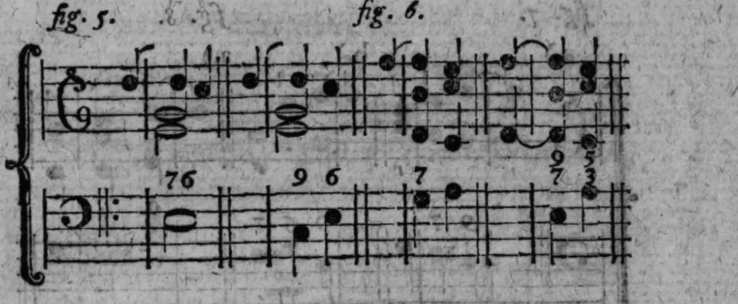 Notenbeyspiel: zweiteiliges Notenbeyspiel im Violin- und Baßschlüssel mit Ziffern (6/7, 6/9, 7, 3/5/7/9), Auflösung der None in die Sexte bzw. in die Quinte samt zugehörigem Septimenaccord illustrierend