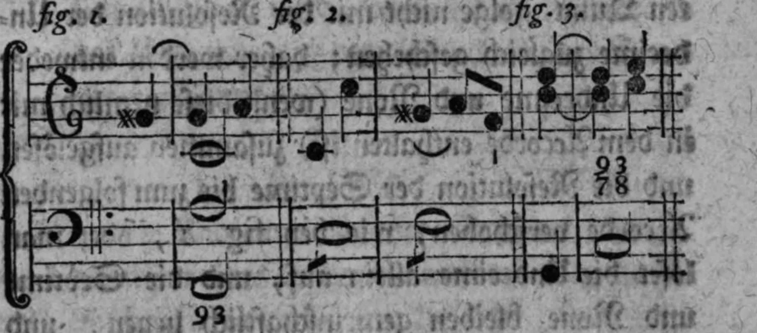 Notenbeyspiel: dreiteiliges Notenbeyspiel im Violin- und Baßschlüssel mit Ziffern (3/9, 3/9, 8/7/3/9), Auflösung der übermäßigen None samt Begleitung der großen Septime illustrierend