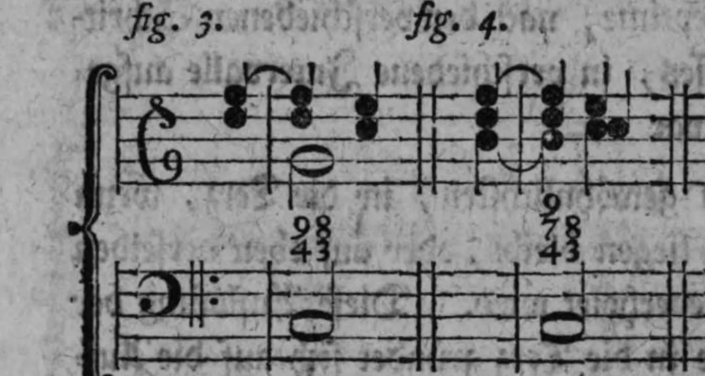 Notenbeyspiel: fig. 3 mit den Ziffern 9, 8, 4, 3 (Undecime samt None gemeinsam aufgelöst); fig. 4 mit den Ziffern 9 (liegenbleibend), 7, 8, 4, 3 (Undecime samt Septime und None zugleich begleitet); genaue Lesung der mehrzeiligen Ziffernstapel in diesem Beyspiel unsicher