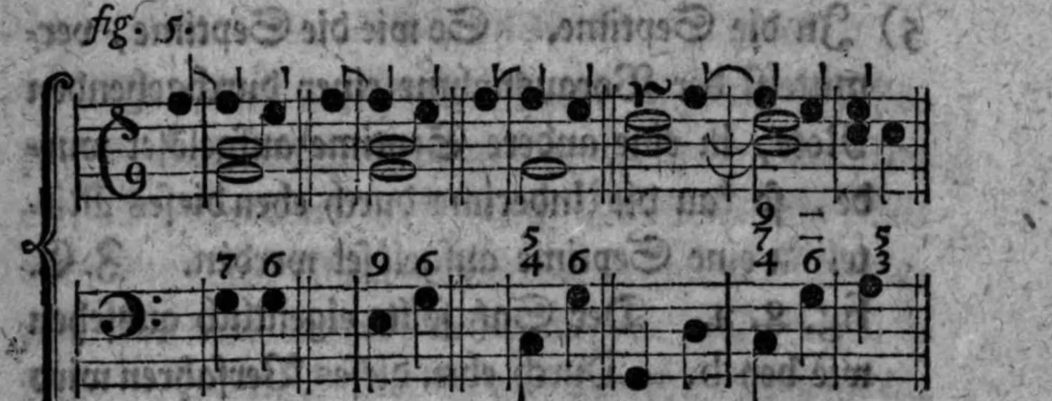 Notenbeyspiel: fünfteiliges Notenbeyspiel im Violin- und Baßschlüssel mit den Ziffern 7 6, 9 6, 4/5 6, 7/9 6, 3/5, die Auflösung der Undecime in die Sexte an einer fortschreitenden Baßlinie illustrierend; genaue Lesung der mehrzeiligen Ziffernstapel unsicher