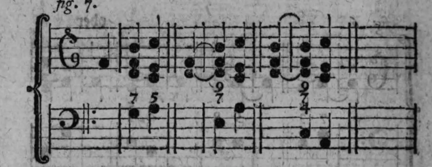 Notenbeyspiel: Notenbeyspiel im Violin- und Baßschlüssel mit den Ziffern 7, 5, 7/9, 4/7/9, die Auflösung der Undecime in die Quinte illustrierend