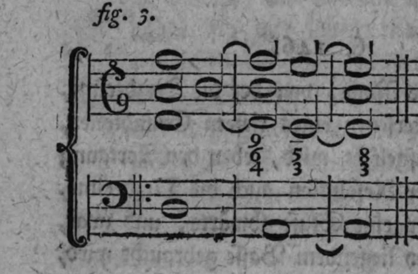 Notenbeyspiel: Notenbeyspiel im Violin- und Baßschlüssel mit den Ziffern 9/6/4, 5/3, 8/3, die Terzdecime in Begleitung von Undecime und None illustrierend