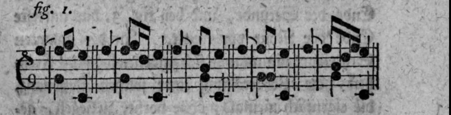 Notenbeyspiel: Notenbeyspiel im Violinschlüssel (Melodiestimme allein) mit bewegter Sechzehntel-/Achtelfigur, das Berühren anderer Intervalle des zugrundeliegenden Accordes vor der Auflösung einer Dissonanz illustrierend