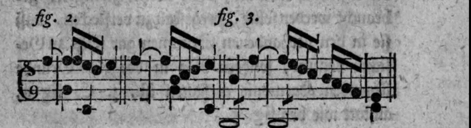Notenbeyspiel: zwei Notenbeyspiele im Violinschlüssel, die Vermehrung der Zwischentöne mit Nebennoten (fig. 2) sowie eine Auflösung in eine andere Octave als die des ursprünglichen Dissonanzanschlags (fig. 3) illustrierend