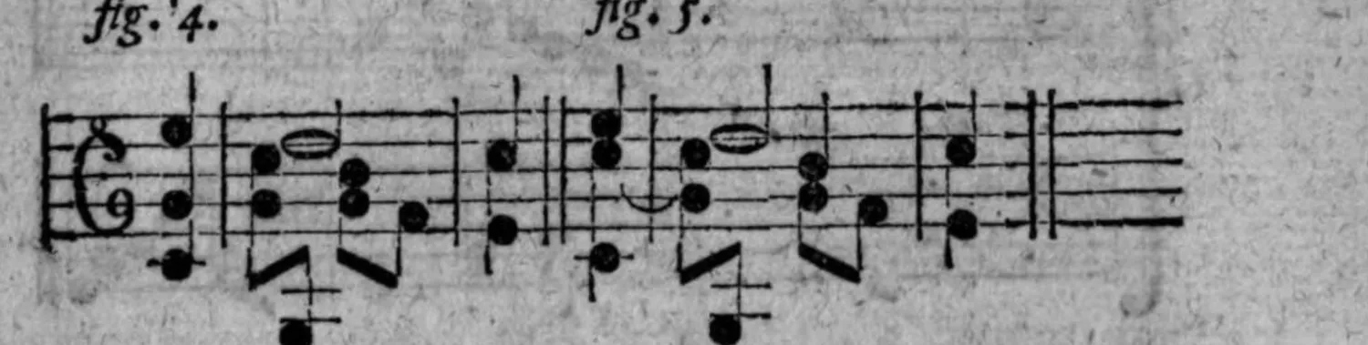 Notenbeyspiel: zwei Notenbeyspiele im Violinschlüssel, die im galanten Stil versteckte, nur in der zugrundeliegenden Harmonie enthaltene Vorbereitung einer Dissonanz (fig. 4) im Vergleich zur regulären Fassung (fig. 5) illustrierend