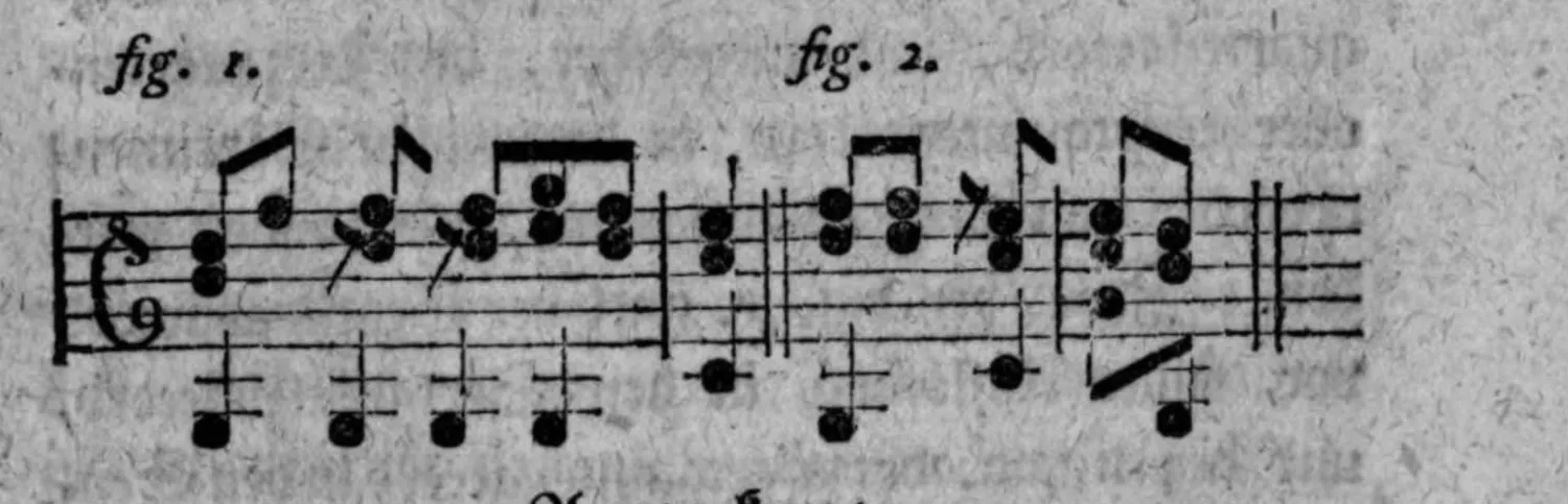 Notenbeyspiel: zwei Notenbeyspiele im Violinschlüssel mit gebrochenen Achtelfiguren und eingestreuten Pausen, die Trennung von Anschlag und Auflösung einer Dissonanz durch kleine Pausen illustrierend