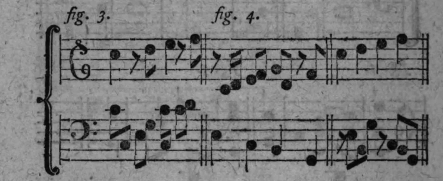 Notenbeyspiel: zwei Notenbeyspiele im Violin- und Baßschlüssel mit gebrochenen, akzentuierten Achtel-/Sechzehntelfiguren, die kleinen Pausen anstelle des Anschlags der vorhergehenden (fig. 3) bzw. anstelle der nachfolgenden Note (fig. 4) illustrierend