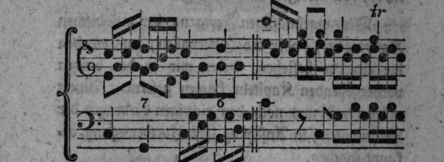 Notenbeyspiel: Notenbeyspiel im Violin- und Baßschlüssel mit bewegter Sechzehntel-/Achtelfigur samt Trillerzeichen (tr) und den Ziffern 7, 6, den Gebrauch harmonischer Nebennoten in Ober- und Unterstimme illustrierend
