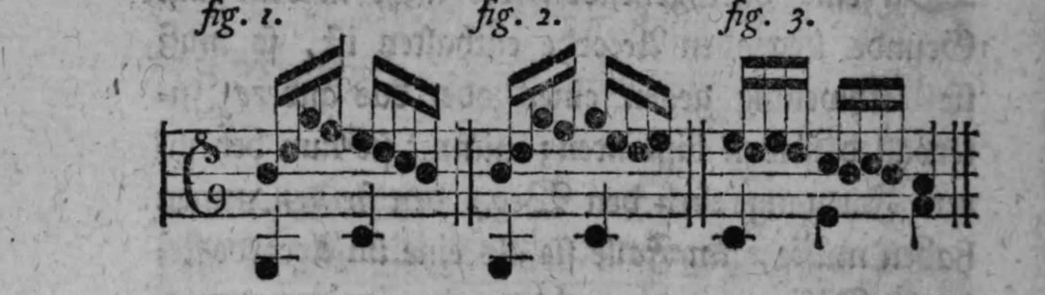 Notenbeyspiel: drei Notenbeyspiele im Violin- und Baßschlüssel mit bewegter Sechzehntelfigur, den regulären (fig. 1) und irregulären (fig. 2, 3) Durchgang illustrierend