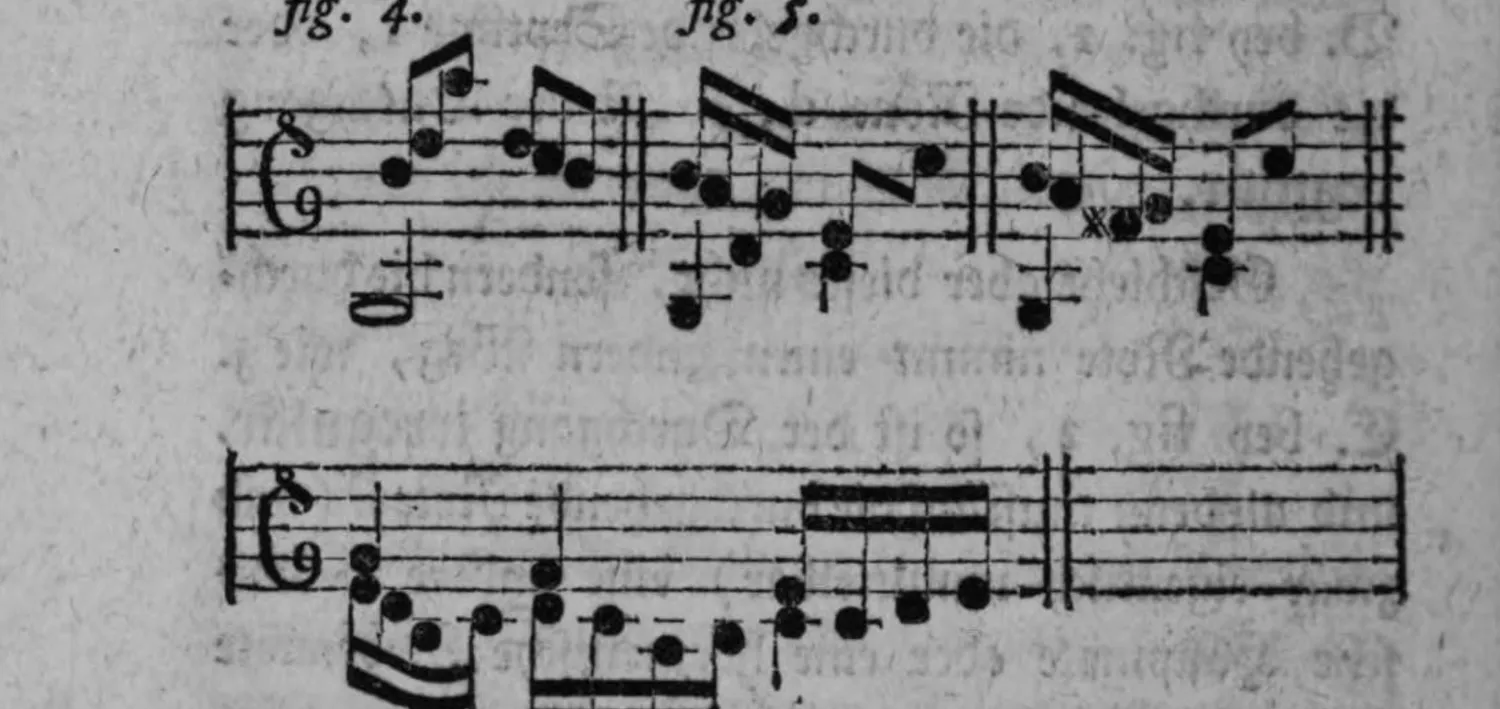 Notenbeyspiel: zwei weitere Notenbeyspiele, dazu ein drittes, unbeziffertes Beyspiel im Anschluss, den falschen Durchgang ohne stufenweise Verbindung (fig. 4) sowie eine zwischen durchgehende und harmonische Note eingeschobene sprungweise harmonische Note bzw. Wechselnote (fig. 5) illustrierend