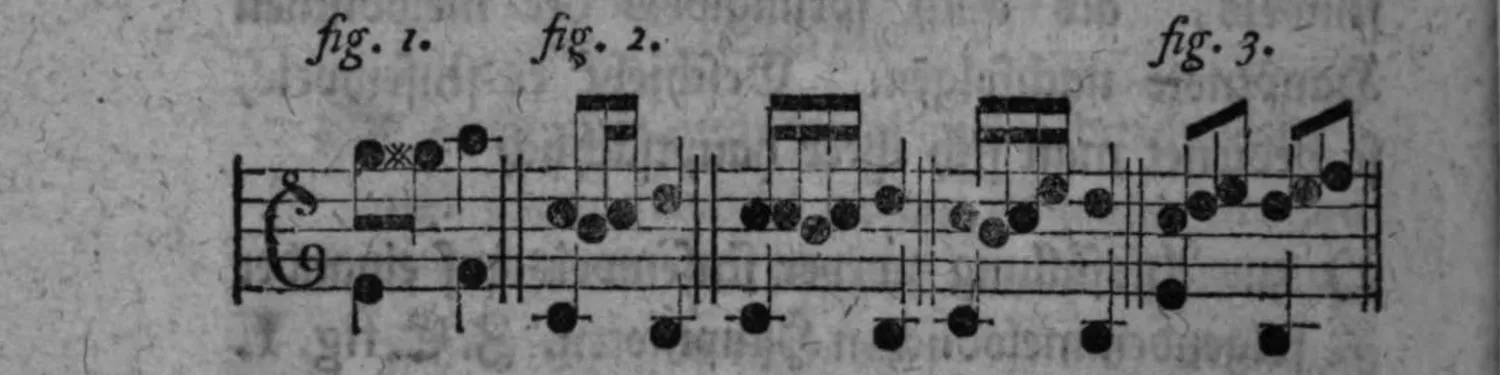 Notenbeyspiel: drei Notenbeyspiele im Violin- und Baßschlüssel, die Ausfüllung stufenweiser Hauptnoten (fig. 1), des wiederholten Anschlags einer harmonischen Note (fig. 2) und des Intervallenraums zwischen harmonischen Nebennoten (fig. 3) durch durchgehende Noten illustrierend