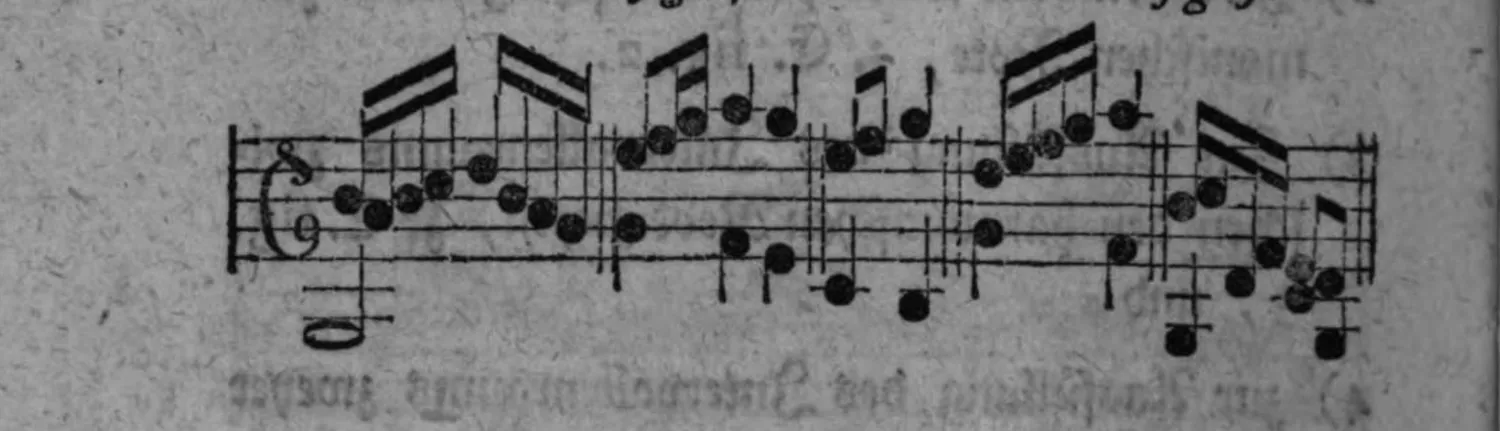 Notenbeyspiel: zwei Notenbeyspiele mit chromatischen Vorzeichen (x), die Ausfüllung des Intervallenraums zweyer melodischen Hauptnoten (fig. 4) sowie die sprungweise gesezte harmonische Note nach einer durchgehenden Note in flüchtigen Gängen (fig. 5) illustrierend
