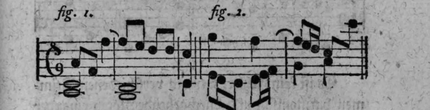 Notenbeyspiel: zwei Notenbeyspiele im Violin- und Baßschlüssel, die Auflösung einer Dissonanz vermittelst des regulären Durchgangs illustrierend