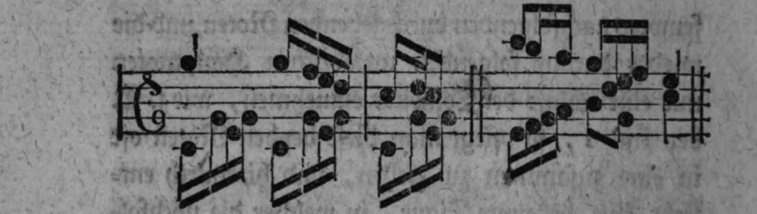 Notenbeyspiel: Notenbeyspiel im Violin- und Baßschlüssel mit gebrochenen Sechzehntelfiguren, das gleichzeitige Zusammentreffen harmonischer und durchgehender Noten in verschiedenen Stimmen illustrierend