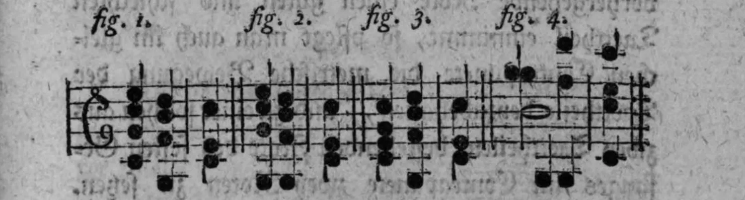 Notenbeyspiel: viertteiliges Notenbeyspiel im Violin- und Baßschlüssel, mögliche Oberstimmenführungen vor der Cäsur eines Tonschlusses (dritte Klangstufe mit Grundton bzw. Sextquartenaccord, Finalton mit Dreyklang bzw. Sextquartenaccord) illustrierend