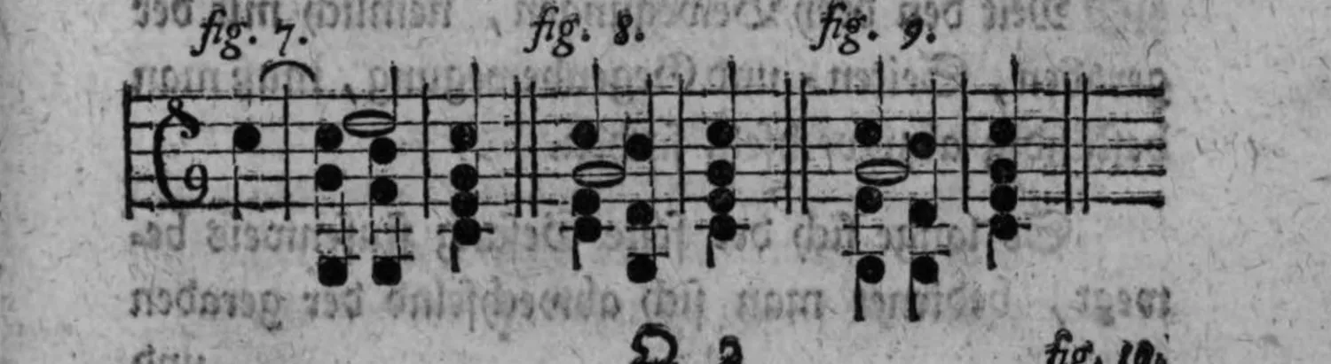 Notenbeyspiel: dreiteiliges Notenbeyspiel, die Undecime mit der Quinte (fig. 7) sowie die siebente Klangstufe mit vorhergehendem Dreyklang (fig. 8, 9) illustrierend