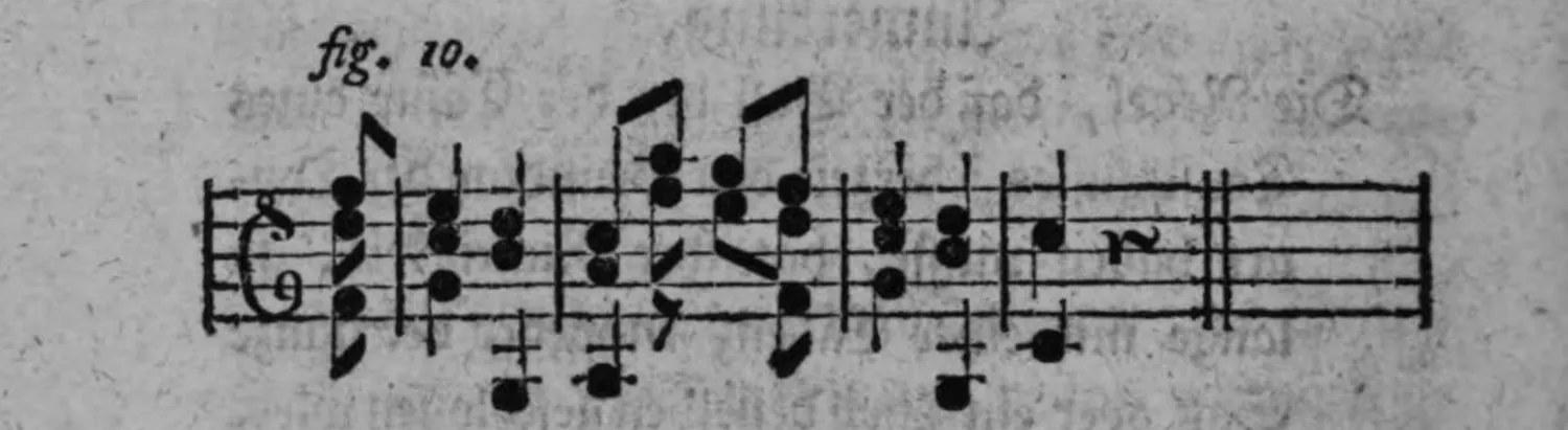 Notenbeyspiel: Notenbeyspiel im Violin- und Baßschlüssel, den Trugschluß durch einen uneigentlichen Grundton bey der Cäsur eines wiederholten Tonschlusses illustrierend