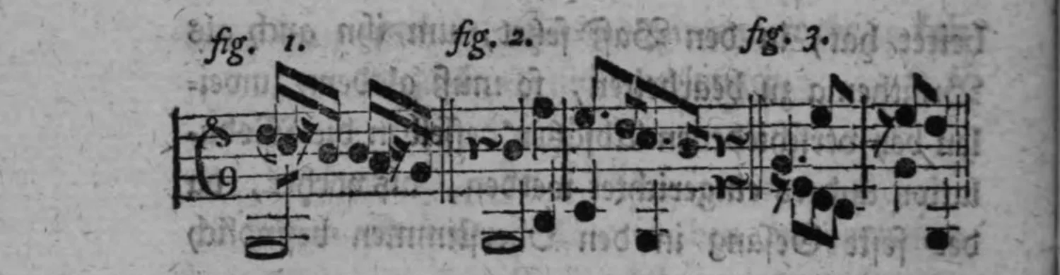 Notenbeyspiel: drey Notenbeyspiele im Sopranschlüssel zu §.191, mit Achtel-/Sechzehntelfiguren und eingerückten Pausen; fig. 1 (regelkonforme kleine Pause nach durchgehender Note), fig. 2 (fehlerhafter Abbruch nach kurzer Note im punktierten Rhythmus), fig. 3 (unbedenklicher Fall bei durchgehend erhaltenem Metrum)