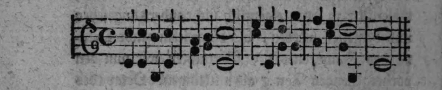 Notenbeyspiel: zweistimmiger Satz (Alt-/Tenorschlüssel), Grundstimme unter dem festen Gesang der obigen Choralmelodie gesetzt, nach der »ersten Setzart« (Begleitung mit den jeweils mitklingenden Grundtönen)