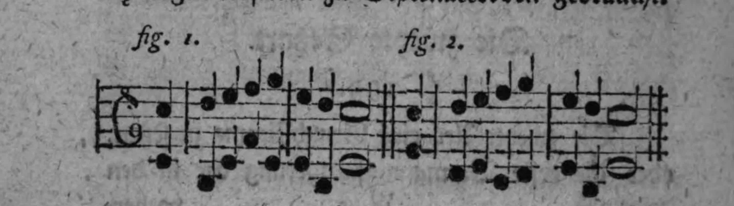 Notenbeyspiel: zwey zweistimmige Sätze (Alt-/Tenorschlüssel) zur »zweyten Setzart«; fig. 1 durchweg mit eigentlichen Grundtönen, fig. 2 wechselweise mit den in ihnen mitklingenden Terzen bzw. deren Umkehrungen (Sextenaccorden)