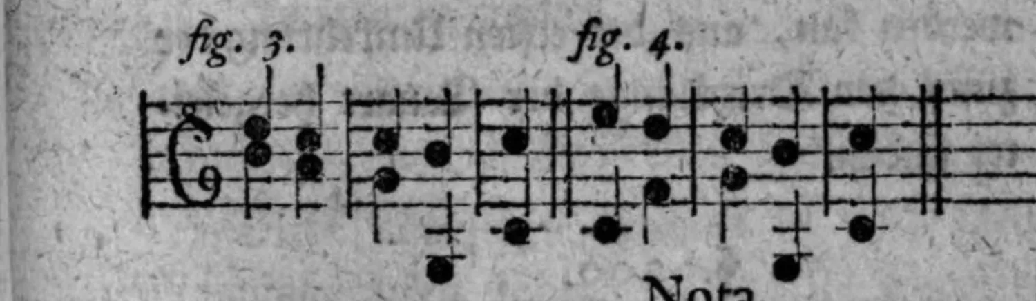 Notenbeyspiel: Fortsetzung des vorigen Beyspiels (Alt-/Tenorschlüssel); fig. 3 (vorbereitete Quarte aus der Umkehrung des Grundton-Dreyklangs) und fig. 4 (unvorbereitete Quarte nach vorhergehender zweyter Klangstufe in der freyen Schreibart)