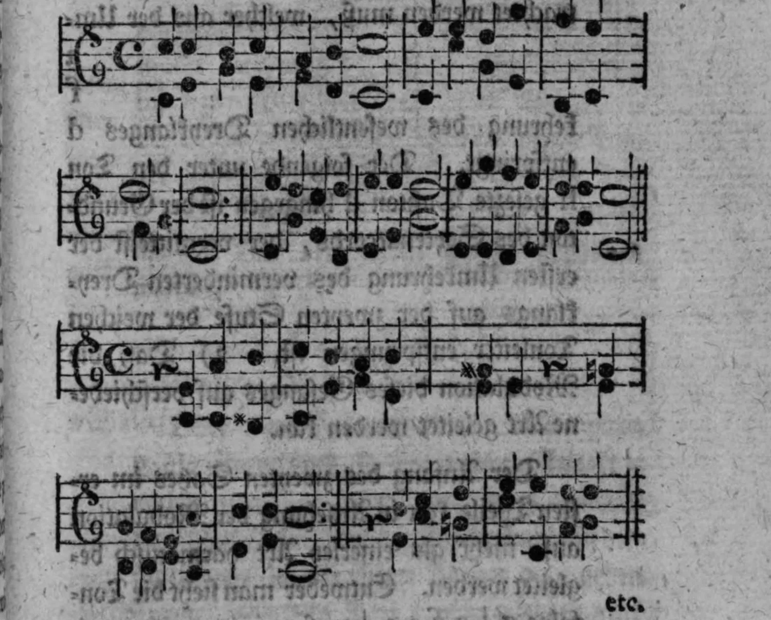 Notenbeyspiel: vier zweistimmige Sätze (Alt-/Tenorschlüssel), Fortführung der bisherigen Grundstimmen-Beyspiele unter Einbeziehung des verminderten Dreyklangs, des Sextquintenaccordes und der Tonfolge »vierte vor fünfte Klangstufe«; das letzte endend mit »etc.«
