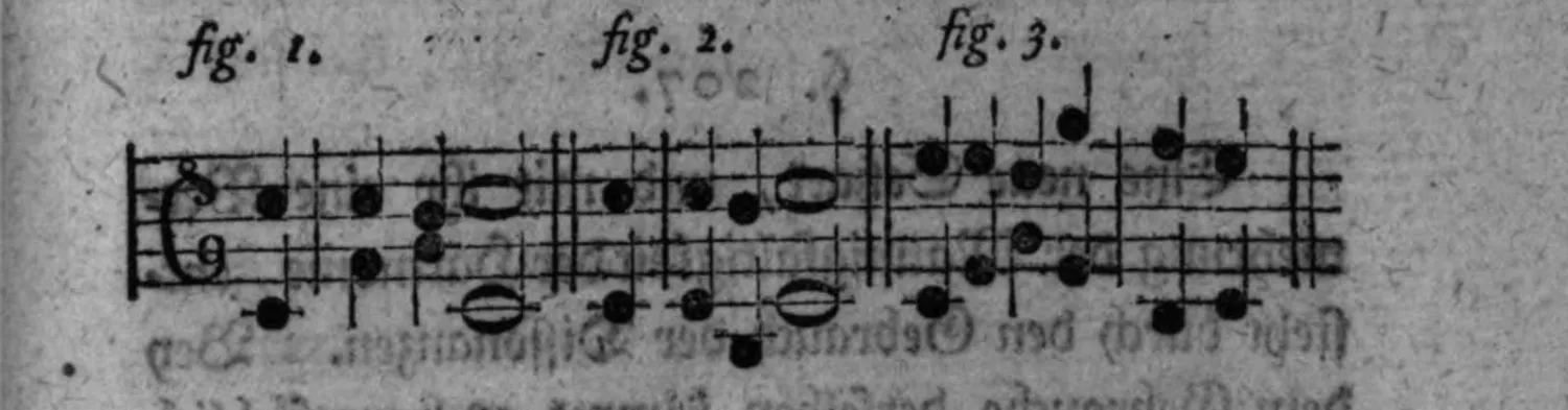 Notenbeyspiel: drey zweistimmige Sätze (Alt-/Tenorschlüssel) zur doppelten Entstehungsart des Finaltones bzw. der fünften Klangstufe