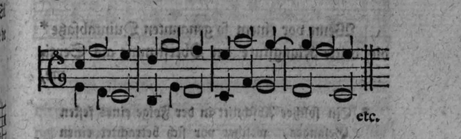 Notenbeyspiel: einstimmiger fester Gesang (Alt-/Tenorschlüssel) mit Undecimen anstelle der Septimen begleitet, endend mit »etc.«