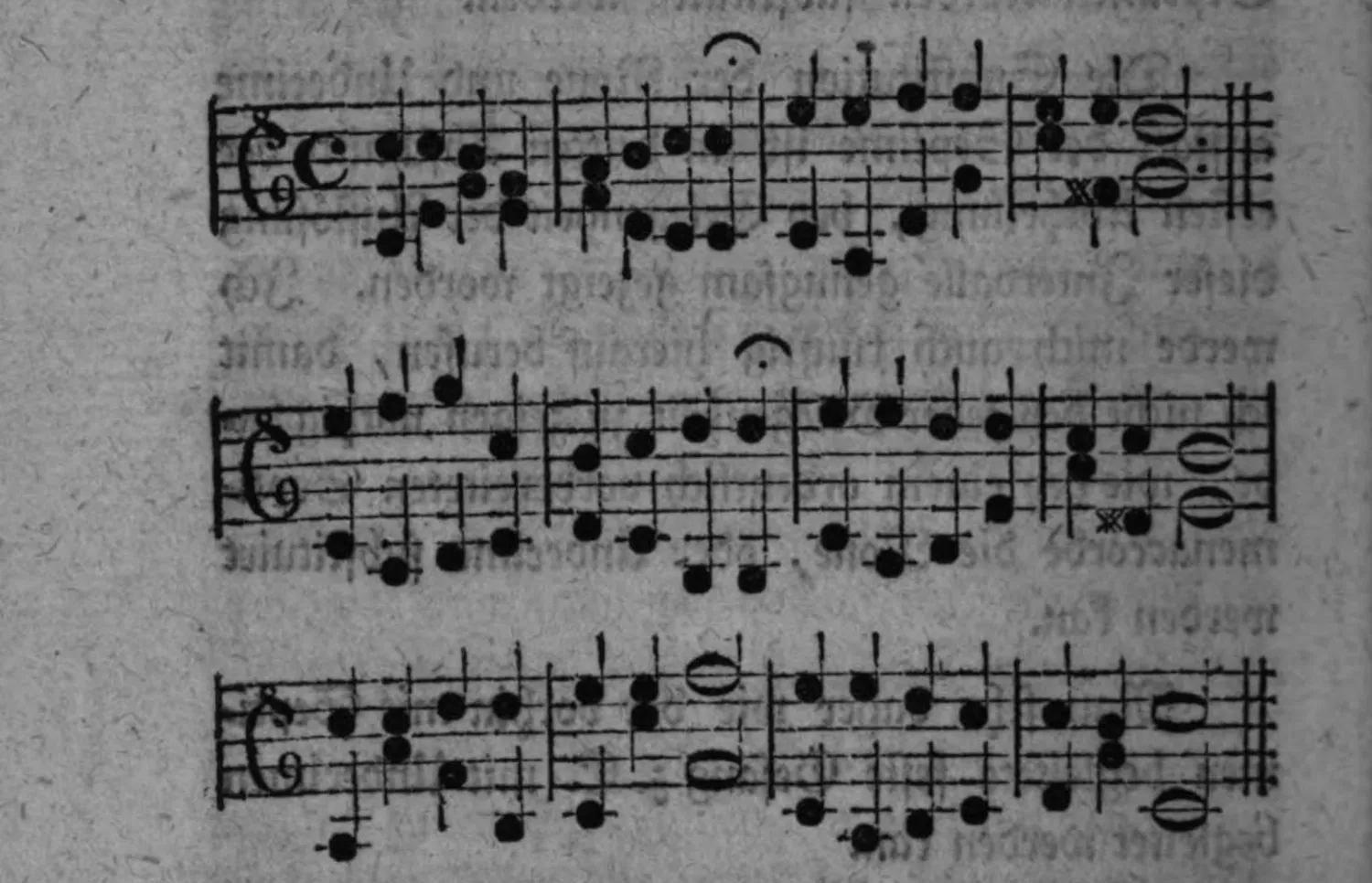 Notenbeyspiel: drey zweistimmige Sätze (Alt-/Tenorschlüssel) zum festen Gesang aus §. 205, mit Dissonanzen der freyen Schreibart durchsetzt (teils mit »x« markiert)