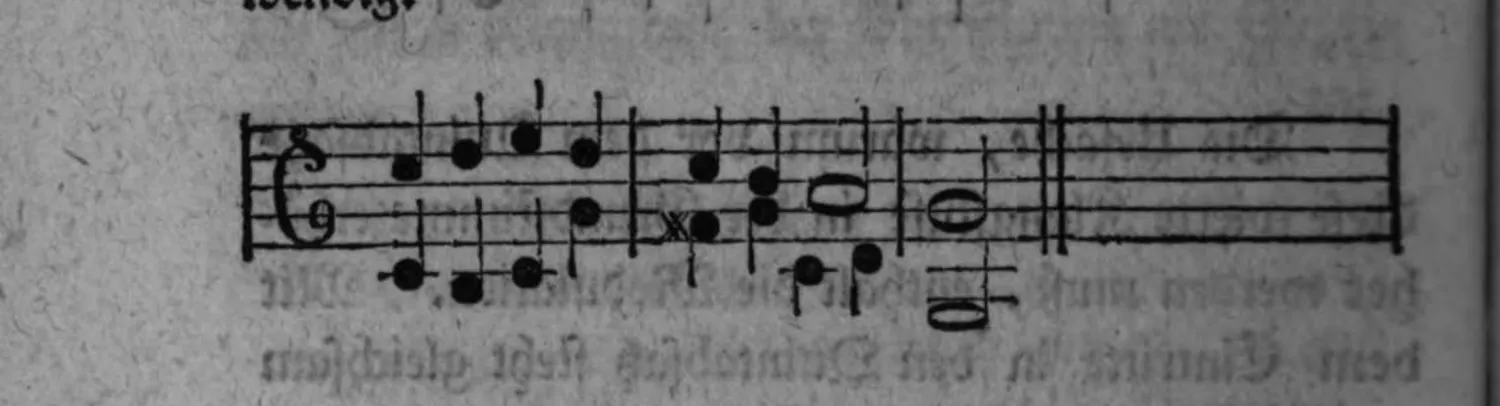 Notenbeyspiel: kurzer einstimmiger Kirchengesang-Ausschnitt (Alt-/Tenorschlüssel) mit notwendiger Ausweichung von der Tonart c in die Tonart g, teils mit »x« markiert