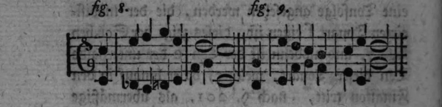 Notenbeyspiel: zwey zweistimmige Sätze (Alt-/Tenorschlüssel), fig. 8 und fig. 9, den Schluß des Kirchengesanges bzw. die uneigentliche Auflösung der Quarte illustrierend