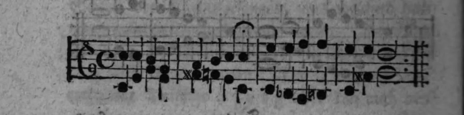 Notenbeyspiel: Beginn eines neuen zweistimmigen Notenbeyspiels (Alt-/Tenorschlüssel) zur fünften Setzart, mit zufälligen Erhöhungen/Erniedrigungen (teils mit »x« markiert)