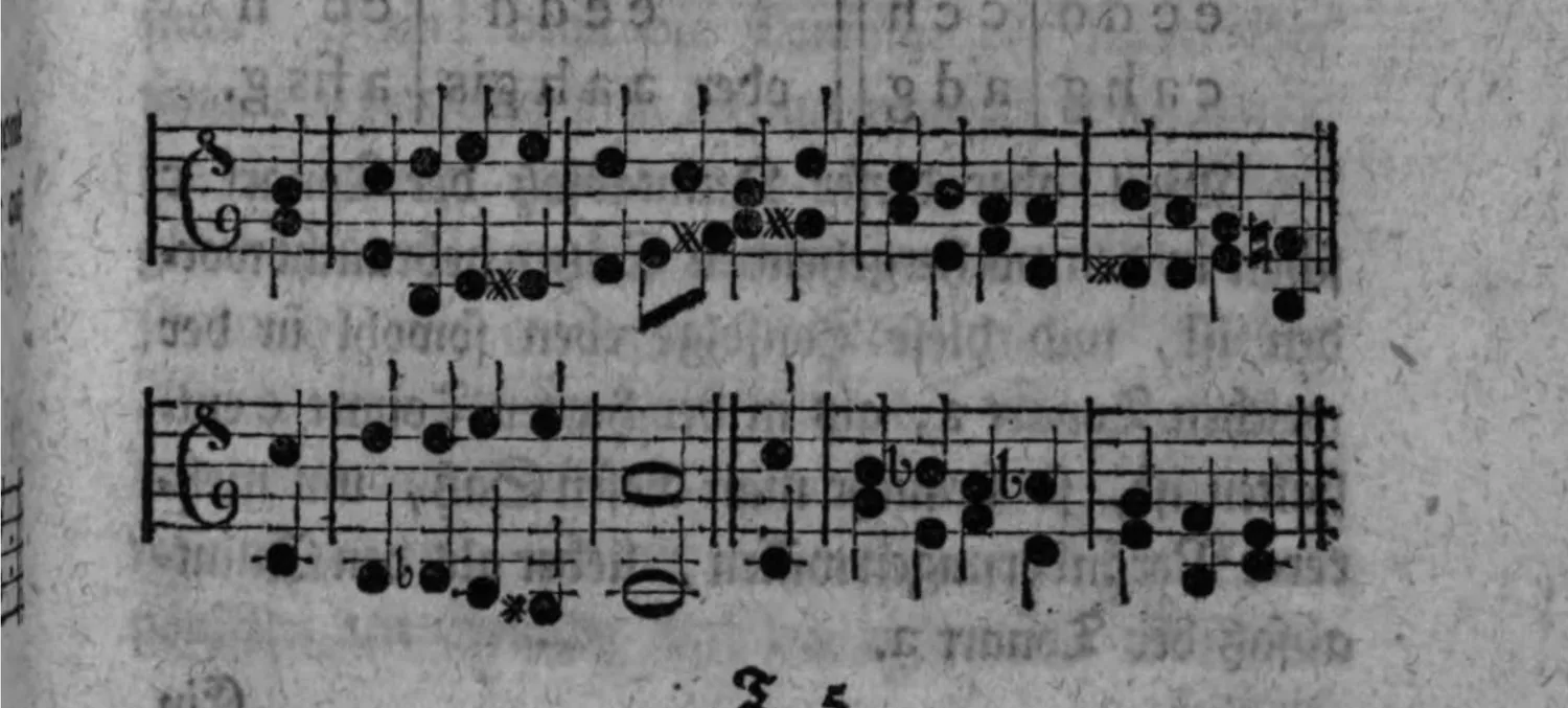 Notenbeyspiel: zwey weitere zweistimmige Sätze (Alt-/Tenorschlüssel) mit chromatischen Tonfolgen, teils mit »x« und Versetzungszeichen markiert