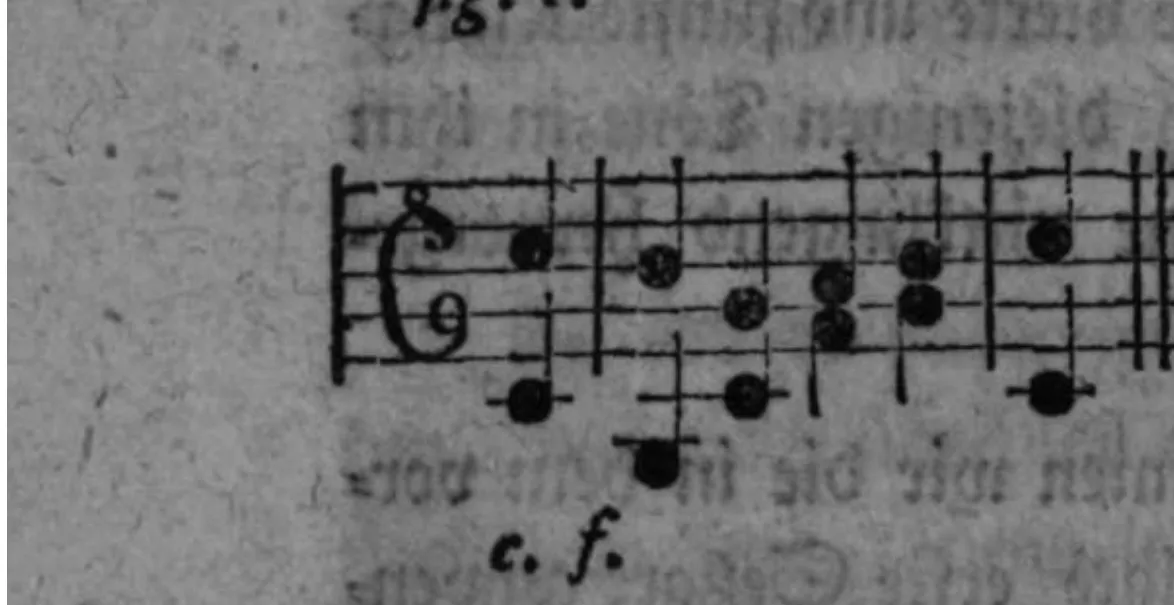 Notenbeyspiel: kurzer zweistimmiger Satzausschnitt (Alt-/Tenorschlüssel) zu fig. 1, die erste Setzart bey der Oberstimmen-Begleitung illustrierend