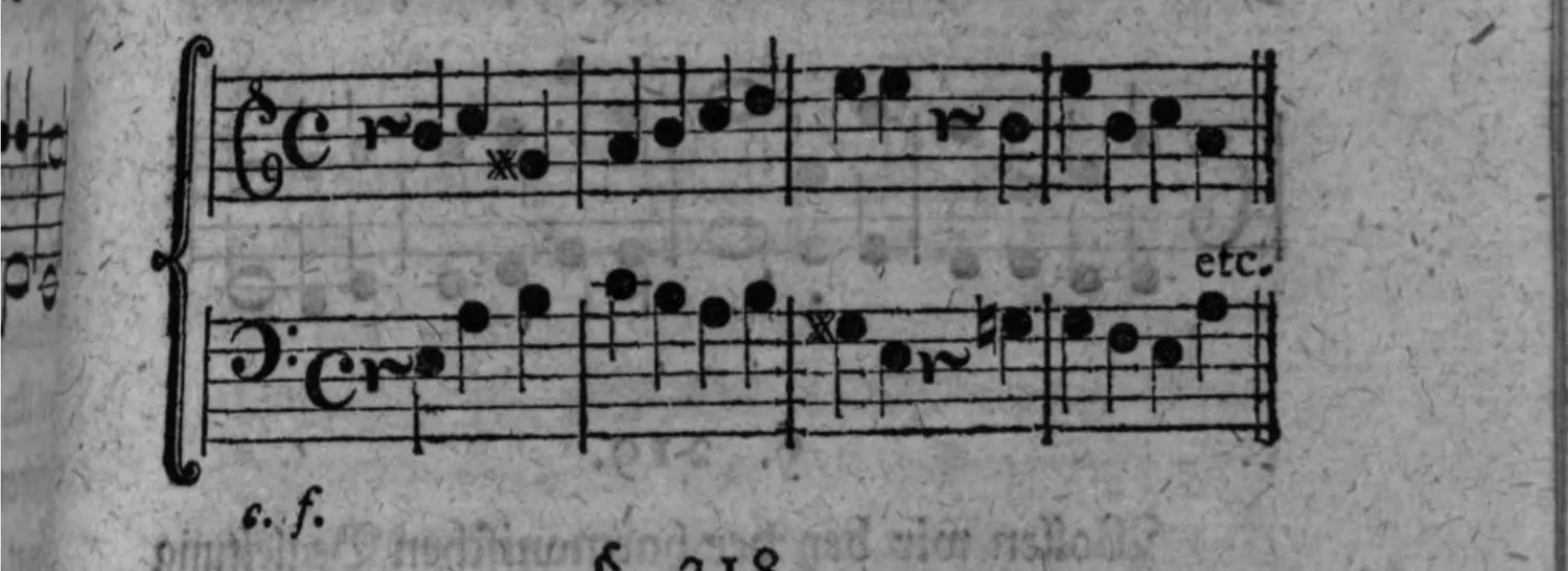 Notenbeyspiel: zweystimmiger Satz (Alt-/Tenorschlüssel), c. f., mit »r«-Bezeichnungen (verminderte Dreyklänge) über einzelnen Noten, die Anwendung der dritten und vierten Setzart auf die weiche Tonart illustrierend