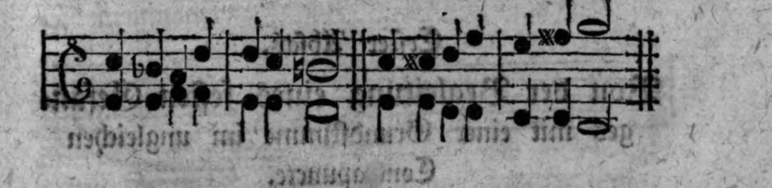Notenbeyspiel: zweystimmiger Satz (Alt-/Tenorschlüssel), einzelne Noten mit »x« markiert, die willkührlichen Ausweichungen illustrierend