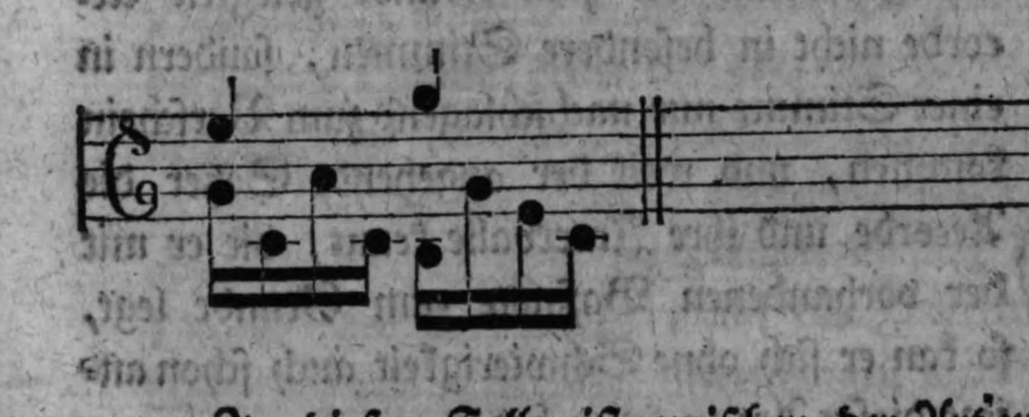 Notenbeyspiel: kurzer zweistimmiger Ausschnitt (Alt-/Tenorschlüssel), Achtelfiguren im Nachschlag